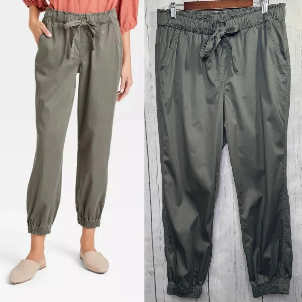 Knox Rose Olive Green Tie Waist Jogger Pants Size L Minimalist Comfy Neutral